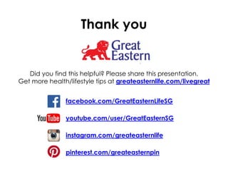 Thank you 
Did you find this helpful? Please share this presentation. 
Get more health/lifestyle tips at greateasternlife.com/livegreat 
facebook.com/GreatEasternLifeSG 
youtube.com/user/GreatEasternSG 
instagram.com/greateasternlife 
pinterest.com/greateasternpin 

