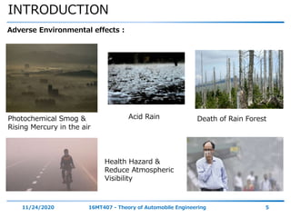 INTRODUCTION
11/24/2020 16MT407 - Theory of Automobile Engineering 5
Adverse Environmental effects :
Photochemical Smog &
Rising Mercury in the air
Acid Rain Death of Rain Forest
Health Hazard &
Reduce Atmospheric
Visibility
 