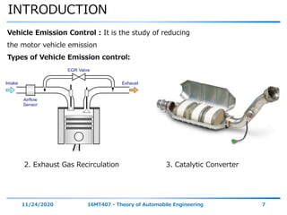 INTRODUCTION
11/24/2020 16MT407 - Theory of Automobile Engineering 7
Vehicle Emission Control : It is the study of reducing
the motor vehicle emission
Types of Vehicle Emission control:
2. Exhaust Gas Recirculation 3. Catalytic Converter
 