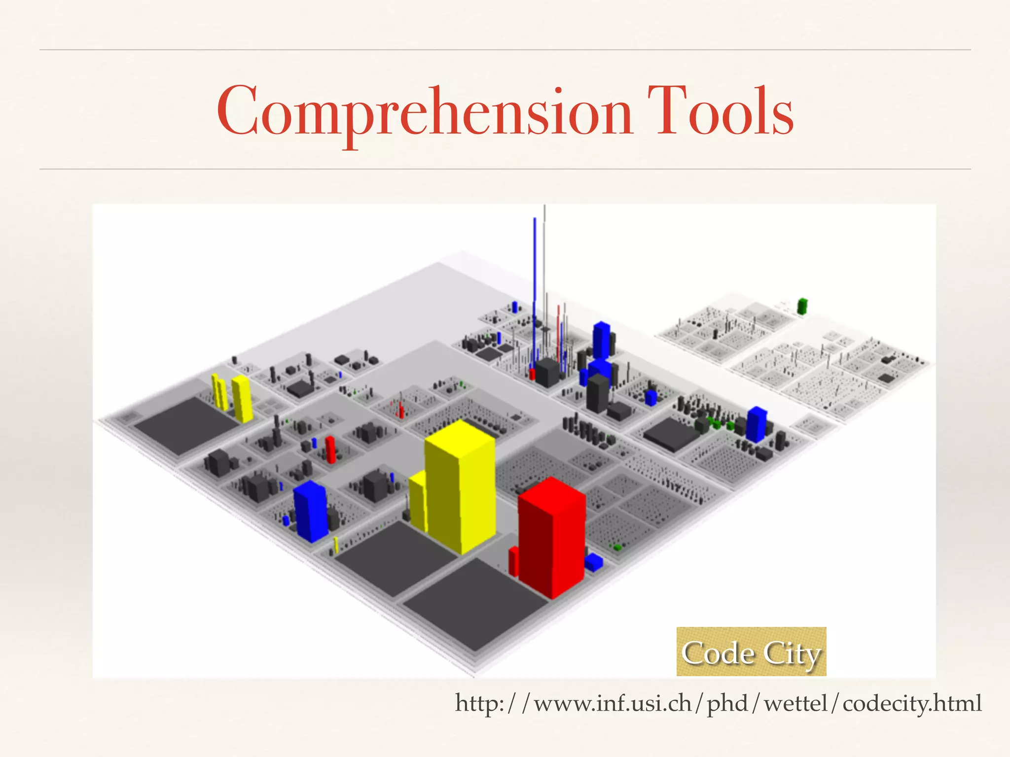 Comprehension Tools
Code City
http://www.inf.usi.ch/phd/wettel/codecity.html
 