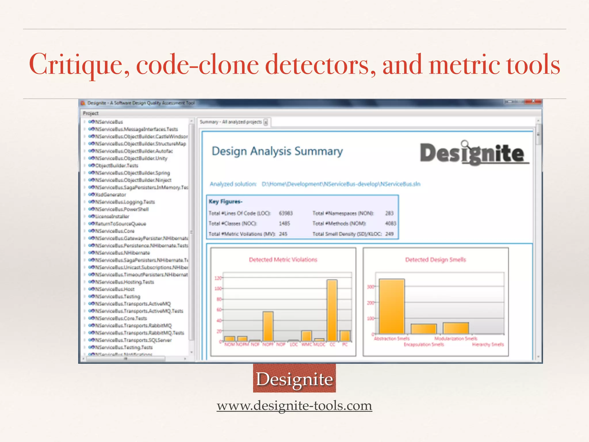 Critique, code-clone detectors, and metric tools
Designite
www.designite-tools.com
 