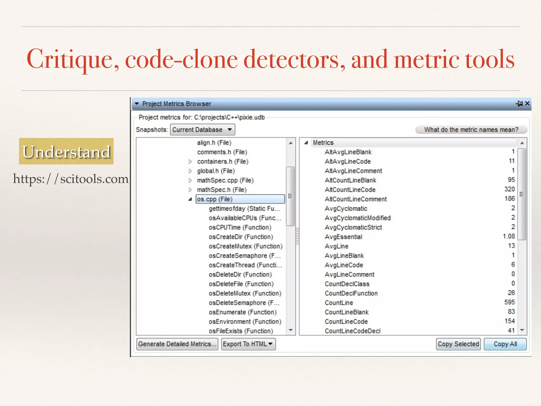 Critique, code-clone detectors, and metric tools
Understand
https://scitools.com
 