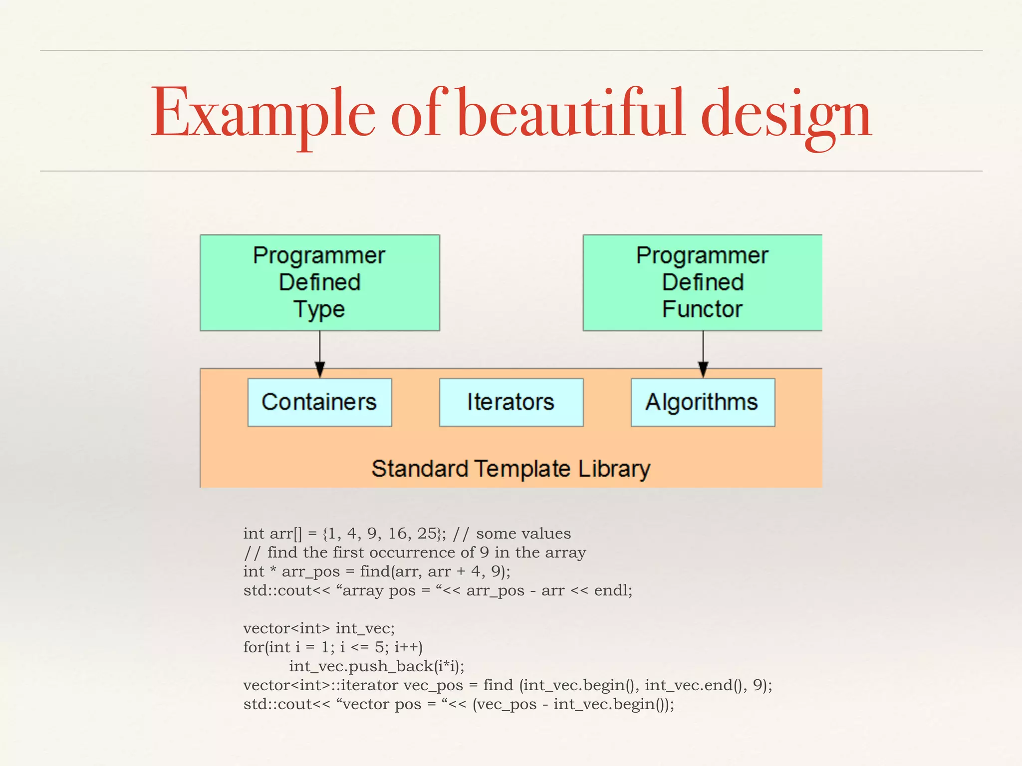 Example of beautiful design
int arr[] = {1, 4, 9, 16, 25}; // some values
// find the first occurrence of 9 in the array
int * arr_pos = find(arr, arr + 4, 9);
std::cout<< “array pos = “<< arr_pos - arr << endl;
vector<int> int_vec;
for(int i = 1; i <= 5; i++)
int_vec.push_back(i*i);
vector<int>::iterator vec_pos = find (int_vec.begin(), int_vec.end(), 9);
std::cout<< “vector pos = “<< (vec_pos - int_vec.begin());
 
