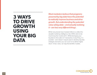 Most marketers believe that programs
powered by big data have the potential
to radically improve business and drive
growth. But understanding the potential
value of big data – and actually realizing
it – are two very different things.
While many brands have invested millions to collect this
valuable marketing intelligence, few CMOs claim to be
maximizing their results with it. While leveraging your
big data to drive sales isn’t necessarily an easy thing, it is
possible – and it doesn’t require years to develop big data
strategies and tactics you can count on to deliver higher
return. In fact, many can reap the benefits in weeks.
3 WAYS
TO DRIVE
GROWTH
USING
YOUR BIG
DATA
3
 