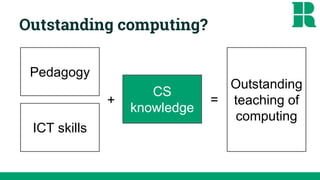 Outstanding computing?
Pedagogy
ICT skills
CS
knowledge
Outstanding
teaching of
computing
+ =
CS
knowledge
 