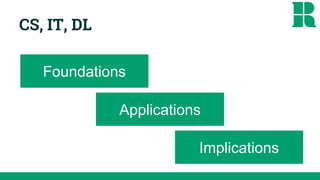 Foundations
Applications
Implications
CS, IT, DL
 