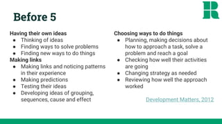 Before 5
Having their own ideas
● Thinking of ideas
● Finding ways to solve problems
● Finding new ways to do things
Making links
● Making links and noticing patterns
in their experience
● Making predictions
● Testing their ideas
● Developing ideas of grouping,
sequences, cause and effect
Choosing ways to do things
● Planning, making decisions about
how to approach a task, solve a
problem and reach a goal
● Checking how well their activities
are going
● Changing strategy as needed
● Reviewing how well the approach
worked
Development Matters, 2012
 