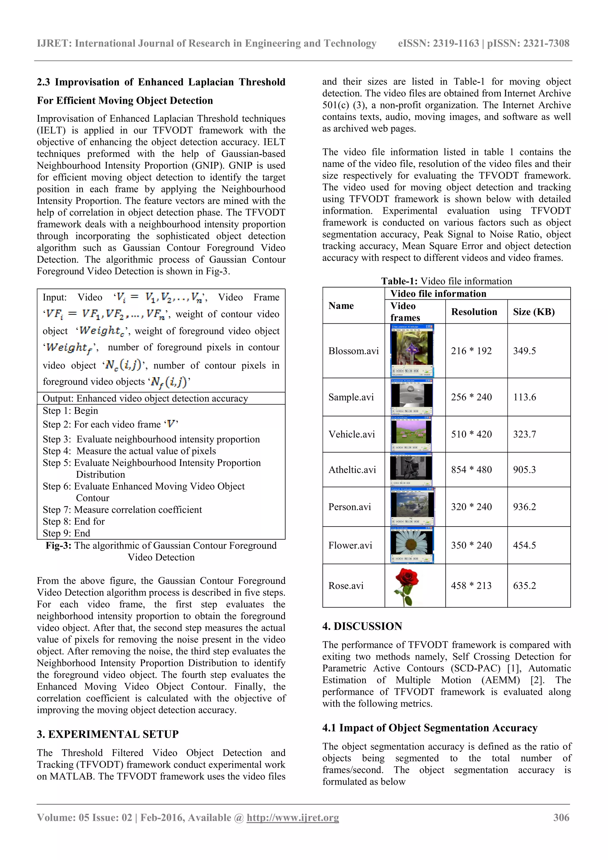 IJRET: International Journal of Research in Engineering and Technology eISSN: 2319-1163 | pISSN: 2321-7308 _______________________________________________________________________________________ Volume: 05 Issue: 02 | Feb-2016, Available @ http://www.ijret.org 306 2.3 Improvisation of Enhanced Laplacian Threshold For Efficient Moving Object Detection Improvisation of Enhanced Laplacian Threshold techniques (IELT) is applied in our TFVODT framework with the objective of enhancing the object detection accuracy. IELT techniques preformed with the help of Gaussian-based Neighbourhood Intensity Proportion (GNIP). GNIP is used for efficient moving object detection to identify the target position in each frame by applying the Neighbourhood Intensity Proportion. The feature vectors are mined with the help of correlation in object detection phase. The TFVODT framework deals with a neighbourhood intensity proportion through incorporating the sophisticated object detection algorithm such as Gaussian Contour Foreground Video Detection. The algorithmic process of Gaussian Contour Foreground Video Detection is shown in Fig-3. Input: Video ‘ ’, Video Frame ‘ ’, weight of contour video object ‘ ’, weight of foreground video object ‘ ’, number of foreground pixels in contour video object ‘ ’, number of contour pixels in foreground video objects ‘ ’ Output: Enhanced video object detection accuracy Step 1: Begin Step 2: For each video frame ‘ ’ Step 3: Evaluate neighbourhood intensity proportion Step 4: Measure the actual value of pixels Step 5: Evaluate Neighbourhood Intensity Proportion Distribution Step 6: Evaluate Enhanced Moving Video Object Contour Step 7: Measure correlation coefficient Step 8: End for Step 9: End Fig-3: The algorithmic of Gaussian Contour Foreground Video Detection From the above figure, the Gaussian Contour Foreground Video Detection algorithm process is described in five steps. For each video frame, the first step evaluates the neighborhood intensity proportion to obtain the foreground video object. After that, the second step measures the actual value of pixels for removing the noise present in the video object. After removing the noise, the third step evaluates the Neighborhood Intensity Proportion Distribution to identify the foreground video object. The fourth step evaluates the Enhanced Moving Video Object Contour. Finally, the correlation coefficient is calculated with the objective of improving the moving object detection accuracy. 3. EXPERIMENTAL SETUP The Threshold Filtered Video Object Detection and Tracking (TFVODT) framework conduct experimental work on MATLAB. The TFVODT framework uses the video files and their sizes are listed in Table-1 for moving object detection. The video files are obtained from Internet Archive 501(c) (3), a non-profit organization. The Internet Archive contains texts, audio, moving images, and software as well as archived web pages. The video file information listed in table 1 contains the name of the video file, resolution of the video files and their size respectively for evaluating the TFVODT framework. The video used for moving object detection and tracking using TFVODT framework is shown below with detailed information. Experimental evaluation using TFVODT framework is conducted on various factors such as object segmentation accuracy, Peak Signal to Noise Ratio, object tracking accuracy, Mean Square Error and object detection accuracy with respect to different videos and video frames. Table-1: Video file information Name Video file information Video frames Resolution Size (KB) Blossom.avi 216 * 192 349.5 Sample.avi 256 * 240 113.6 Vehicle.avi 510 * 420 323.7 Atheltic.avi 854 * 480 905.3 Person.avi 320 * 240 936.2 Flower.avi 350 * 240 454.5 Rose.avi 458 * 213 635.2 4. DISCUSSION The performance of TFVODT framework is compared with exiting two methods namely, Self Crossing Detection for Parametric Active Contours (SCD-PAC) [1], Automatic Estimation of Multiple Motion (AEMM) [2]. The performance of TFVODT framework is evaluated along with the following metrics. 4.1 Impact of Object Segmentation Accuracy The object segmentation accuracy is defined as the ratio of objects being segmented to the total number of frames/second. The object segmentation accuracy is formulated as below 