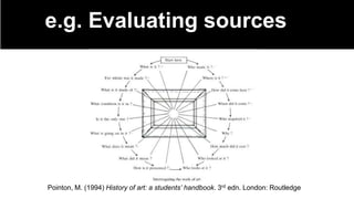 e.g. Evaluating sources
Pointon, M. (1994) History of art: a students’ handbook. 3rd edn. London: Routledge
 