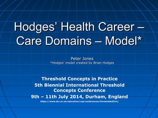 Hodges’ Health Career –Hodges’ Health Career –
Care Domains – Model*Care Domains – Model*
Threshold Concepts in Practice
5th Biennial International Threshold
Concepts Conference
9th – 11th July 2014, Durham, England
https://www.dur.ac.uk/education/cap/conferences/thresholds2014/
Peter JonesPeter Jones
*Hodges’ model created by Brian Hodges*Hodges’ model created by Brian Hodges
 