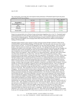 THRESHOLD CAPITAL CORP


July 25, 2012



The second quarter, year-to-date 2012 and inception-to-date performance of Threshold Capital Corp for the period
ending June 30, 2012 was as follows:
                                                                                               JAN 1, 2007 TO
                                         Q2 2012                         2012
                                                                                                  PRESENT
       Threshold(A)                     -(0.17)%                      +12.97%                      +16.33%
Threshold(B)non-leverage                -(1.03)%                      +10.51%                      +47.84%
           DJIA                         -(2.51)%                       +5.42%                       +3.35%
         S&P 500                        -(3.29)%                       +8.31%                      -(3.96)%
         NASDAQ                         -(5.06)%                      +12.66%                      +21.52%
        Russell 2000                      -(3.83)%                         +7.77%                        +1.37%


Despite the continued debt crisis in Western Europe and persistent sluggishness here in the U.S., Threshold Capital
performed brilliantly for Clients during the second quarter of 2012. No new company positions were instituted for
Client portfolios during the quarter; Threshold took advantage of market weakness to add to current positions in
Brasil Foods SA (NYSE:BRFS), EGA Emerging Global Shares Brazil Infrastructure (BRXX) and SearchMedia
Holdings (NYSEAmex:IDI).

Threshold Capital continues to have exposure to China’s growing economy through its positions in Sohu.com Inc.
(NASDAQ:SOHU) and SearchMedia Holdings (NYSEAmex:IDI). It has been quite some time since I have written
about the macros on China – so I will take this opportunity to go into some detail and updates. Over the past three
decades, China has grown its economy on average 10% per year. This rapid growth has made China one of the
leading growth engines for the entire globe. Investors need to keep in mind that nearly thirty years ago, Shanghai was
nothing more than a swamp surrounding few multi-story government buildings; nowadays, Shanghai is one of the
most cosmopolitan cities on the globe with a population of over 23 million citizens. Also, thirty years ago, most
Chinese citizens were employed – either on the farm or in a state-owned business. Back then, these citizens earned
very little money and there was very little to buy. In the late 1970’s citizens yearned for a bicycle, a radio, a
wristwatch, and a sewing machine. Owning such items were equivalent to “having made it” in China. Premier Deng
Xiaoping changed all that with his famous speech in December 1978 where he proclaimed “to be rich is glorious!”
The farm communes began to disband and the Chinese government established Special Economic Zones which then
spread across the country. Fast forward to present day, and we see a transformation of epic proportions; however,
China’s extremely meteoric rise has also brought unintended consequences – rising unemployment, environmental
damage, corruption, large income gaps within its population, rising crime, and industries with overcapacity. Investors
currently are seeing such overcapacity in industries such as solar cell production and steel. There is no doubt that
China is slowing – second quarter 2012 GDP growth slowed to 7.6% from 8.1% the previous quarter. Critics of
China are now busy waving the red flags and claim that China as a growth story has ended and investors should
beware of a hard crash. These speculators also point to the devastating case of Bo Xilai – former head of the city of
Chongqing – who has been accused or torture, massive corruption – and whose wife is suspected in the murder of
British businessman Neil Heywood. Threshold Capital does not concur with the “hard crash” opinion. This fall,
Chinese government leadership will undergo its planned transition - Vice President Xi Jinping will be taking over
from President Hu Jintao. The Chinese leadership is well aware of the current conditions in the Chinese economy
and new leadership has pledged to manage growth accordingly. These leaders will also hand pick companies that
some economists have dubbed “Economic Champions” to improve life for their citizens. On May 30, 2012, China’s
leaders publicly designated seven strategic industries from which the “economic champions” will be selected: energy
conservation and environmental protection, information technology, biotechnology, advanced equipment
manufacturing, new energy, new materials, and new energy vehicles. New stimulus measures will focus on the tier 2
and tier 3 cities – again, spending on infrastructure will be at the top of the agenda. These tier 2 and tier 3 cities are
not small towns or municipalities such as here in the U.S. Tier 2 and tier 3 cities in China are cities with eight to
fifteen million citizens. There is much more tangible evidence that investors can point to in order to make a
convincing argument to continue to invest in China. First, the Chinese government, over the past forty years has
moved more people out of poverty than the entire U.S. population. Second, the average age of the Chinese
millionaire is 39, at least 15 years younger than in the U.S. Third, China will be the largest market for luxury goods
by the year 2015 and approximately 45% of these luxury consumers are under the age of 35 (McKinsey & Co.). Last,


                                   1 8 R UDD C OUR T , GLE N R IDGE NJ 0 7 0 2 8
            T E L 9 7 3 . 7 4 8 . 9 4 6 3 WE B S IT E : WWW. T HR E S HOLDC AP IT ALC OR P . C OM
 