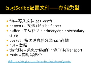  file – 写入文件local or nfs.
 network – 发送到Scribe Server
 buffer – 主从存储，primary and a secondary
store
 bucket – 按照消息头分类hash存储
 null – 忽略
 thriftfile – 类似于file的ThriftTFileTransport
 multi – 同时写多个
参考：http://wiki.github.com/facebook/scribe/scribe-configuration
 