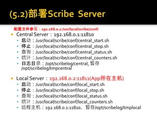  Central Server：192.168.0.1:11810
 启动：/usr/local/scribe/conf/central_start.sh
 停止：/usr/local/scribe/conf/central_stop.sh
 查询：/usr/local/scribe/conf/central_status.sh
 统计：/usr/local/scribe/conf/central_counters.sh
 日志目录：/opt/scribelog/central, 暂存
/opt/scribelog/tmpcentral
 Local Server：192.168.0.2:11811(App所在主机)
 启动：/usr/local/scribe/conf/local_start.sh
 停止：/usr/local/scribe/conf/local_stop.sh
 查询：/usr/local/scribe/conf/local_status.sh
 统计：/usr/local/scribe/conf/local_counters.sh
 远程主机：192.168.0.1:11810，暂存/opt/scribelog/tmplocal
配置文件参见：192.168.0.1:/usr/local/scribe/conf/
 