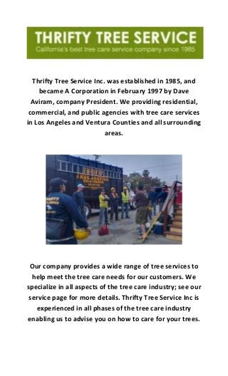 Thrifty Tree Service Inc. was established in 1985, and
became A Corporation in February 1997 by Dave
Aviram, company President. We providing residential,
commercial, and public agencies with tree care services
in Los Angeles and Ventura Counties and all surrounding
areas.
Our company provides a wide range of tree services to
help meet the tree care needs for our customers. We
specialize in all aspects of the tree care industry; see our
service page for more details. Thrifty Tree Service Inc is
experienced in all phases of the tree care industry
enabling us to advise you on how to care for your trees.
 