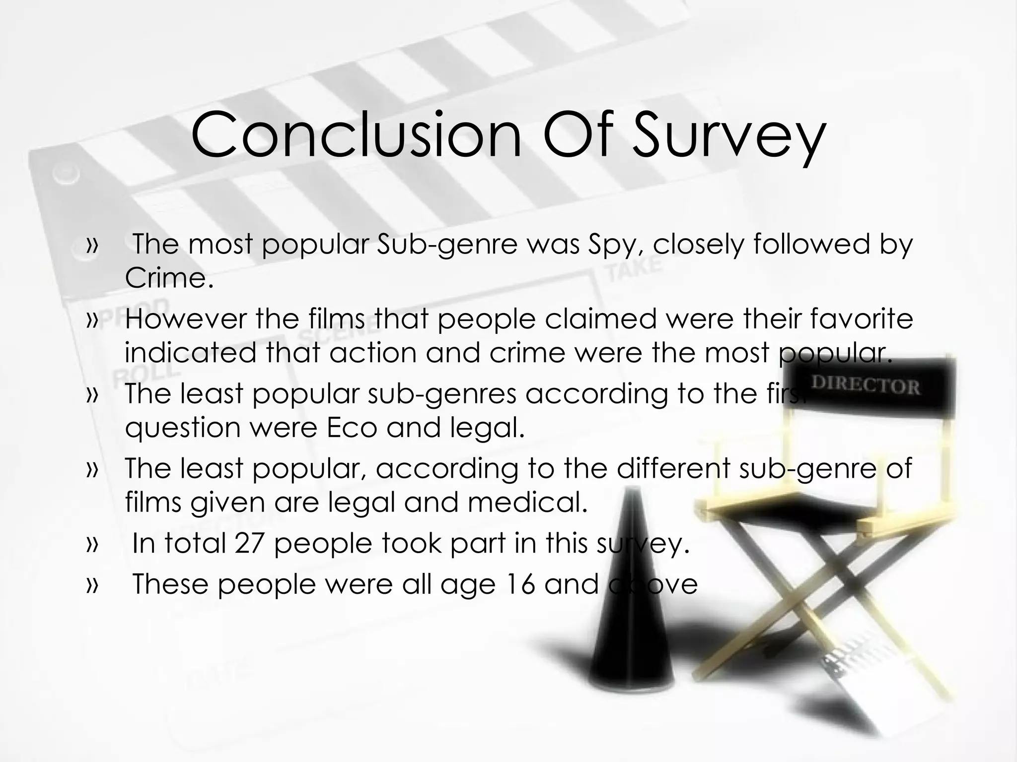 Conclusion Of Survey The most popular Sub-genre was Spy, closely followed by Crime. However the films that people claimed were their favorite indicated that action and crime were the most popular. The least popular sub-genres according to the first question were Eco and legal. The least popular, according to the different sub-genre of films given are legal and medical. In total 27 people took part in this survey. These people were all age 16 and above 