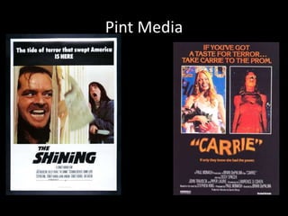 Print Media
Tagline: a memorable phrase
that that will associate the film
with it, mostly used for a
dramatic affect and interest the
viewer as it displays the genre
of the film or reviews on key
aspect of the narrative without
giving away the whole plot.
Main Image: the picture of the
main actor(s), also depicting an
event and themes that are
represented in the film, it also
shows who stars in the film.
Production Blurb: would contain
the names of the production team
(writer, producer ect.) and also
institutional logos and in many
cases the release date of the film.
Film Tittle: the name of the film,
the font and colours used are
another indication to the genre
of the film, dark colours such as
black have negative
connotations as they are used to
depict something bad, such as
‘black cats’ being unlucky.
 