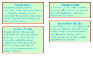 Political Thriller
In a political thriller, political
associations or the whole government is
at risk and the main character is
employed by the government to stop the
risk and they have only been low-level
before gaining attention.
Religious Thriller
Religious Thriller films consist of
religious themes, including religious
questions, ceremonies and objects.
Many religious thrillers include
supernatural experiences and the
themes of religious thrillers are
exorcisms, demon possession, and
church cover-ups.
Romantic Thriller
In a romantic thriller there is tension,
suspense, and excitement, but the main
part is the developing relationship
between two characters.
Science Fiction Thriller
In this sub-genre, there are hypothetical,
science-based themes and there will be
heroes, villains, unexplored locations
and advanced technology within it.
These elements can be used to create
anticipation and suspense.
 