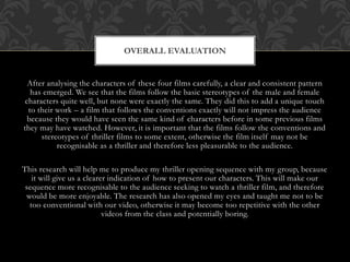 After analysing the characters of these four films carefully, a clear and consistent pattern
has emerged. We see that the films follow the basic stereotypes of the male and female
characters quite well, but none were exactly the same. They did this to add a unique touch
to their work – a film that follows the conventions exactly will not impress the audience
because they would have seen the same kind of characters before in some previous films
they may have watched. However, it is important that the films follow the conventions and
stereotypes of thriller films to some extent, otherwise the film itself may not be
recognisable as a thriller and therefore less pleasurable to the audience.
This research will help me to produce my thriller opening sequence with my group, because
it will give us a clearer indication of how to present our characters. This will make our
sequence more recognisable to the audience seeking to watch a thriller film, and therefore
would be more enjoyable. The research has also opened my eyes and taught me not to be
too conventional with our video, otherwise it may become too repetitive with the other
videos from the class and potentially boring.
OVERALL EVALUATION
 