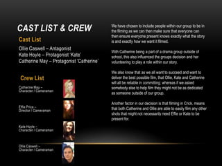 CAST LIST & CREW
Cast List

We have chosen to include people within our group to be in
the filming as we can then make sure that everyone can
then ensure everyone present knows exactly what the story
is and exactly how we want it filmed.

Ollie Caswell – Antagonist
Kate Hoyle – Protagonist ‘Kate’
Catherine May – Protagonist ‘Catherine’

With Catherine being a part of a drama group outside of
school, this also influenced the groups decision and her
volunteering to play a role within our story.

Crew List
Catherine May –
Character / Cameraman

Effie Price –
Director / Cameraman

Kate Hoyle –
Character / Cameraman

Ollie Caswell –
Character / Cameraman

We also know that as we all want to succeed and want to
deliver the best possible film, that Ollie, Kate and Catherine
will all be reliable in committing; whereas if we asked
somebody else to help film they might not be as dedicated
as someone outside of our group.
Another factor in our decision is that filming in Crick, means
that both Catherine and Ollie are able to easily film any other
shots that might not necessarily need Effie or Kate to be
present for.

 