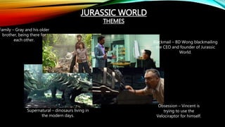 JURASSIC WORLD
THEMES
Supernatural – dinosaurs living in
the modern days.
Family – Gray and his older
brother, being there for
each other. Blackmail – BD Wong blackmailing
the CEO and founder of Jurassic
World.
Obsession – Vincent is
trying to use the
Velociraptor for himself.
 