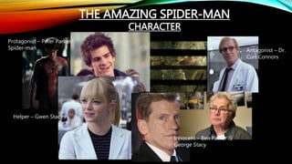 THE AMAZING SPIDER-MAN
CHARACTER
Protagonist – Peter Parker/
Spider-man
Helper – Gwen Stacy
Antagonist – Dr.
Curt Connors
Innocent – Ben Parker &
George Stacy
 