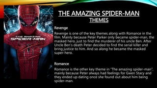 Revenge
Revenge is one of the key themes along with Romance in the
film. Mainly because Peter Parker only became spider-man, the
masked hero, just to find the murderer of his uncle Ben. After
Uncle Ben’s death Peter decided to find the serial killer and
bring justice to him. And so along he became the masked
super-hero.
Romance
Romance is the other key theme in “The amazing spider-man”,
mainly because Peter always had feelings for Gwen Stacy and
they ended up dating once she found out about him being
spider-man.
THE AMAZING SPIDER-MAN
THEMES
 