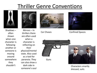 Thriller Genre Conventions
Shadows –
often
shown
when one
character is
following
another or
someone is
moving
around
somewhere
they
shouldn’t
Mirrors – In
thrillers there
are often used
when a
character is
reflecting on
their
physical/mental
state. Also used
as a tool for
paranoia. They
can also show a
dark side in
someone's soul
Car Chases Confined Spaces
Guns
Characters smartly
dressed, suits
 