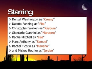 Starring Denzel Washington as “ Creasy ” Dakota Fanning as “ Pita ” Christopher Walken as “ Raybum ” Giancarlo Giannini as “ Manzano ” Radha Mitchell as “ Lisa ” Marc Anthony as “ Samuel ” Rachel Ticotin as “ Mariana ” and Mickey Rourke as “ Jordan ” 