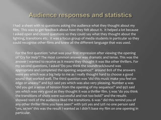 Audience responses and statisticsI had  a sheet with 10 questions asking the audience what they thought about my film.  This was to get feedback about how they felt about it.  It helped a lot because I asked open and closed questions so they could say what they thought about the lighting, transitions etc.  It was a focus group of media students in particular so they could recognise other films and knew all the different language that was used.For the first question: ‘what was your first impression after viewing the opening of ‘Cry for Help’? The most common answer was dramatic and tense. This was the answer I wanted to receive as it means they thought it was like other thrillers. For my second questions, I asked ‘Do you think the soundtrack/sound was appropriate and completed the opening sequence?’  around 80% of the answers were yes which was a big help to me as I really thought hard to choose a good sound that worked well. The third question was ‘did this music make you feel on edge or uneasy?’ and 65% said yes which was also very pleasing. Number 4 was ‘did you get a sense of tension from the opening of my sequence?’ and 95% said yes which was very good as they thought it was a thriller film. 5 was ‘do you think the transitions of shots were successful and not too bold?’ and the results showed 100% of the audience liked the transitions. 6 was ‘ did this remind you of any other thriller films you have seen?’ with 50% yes and 50% no one person said ‘yes, se7en’ this was the result I wanted as I didn’t base my film on one opening in particular. 
