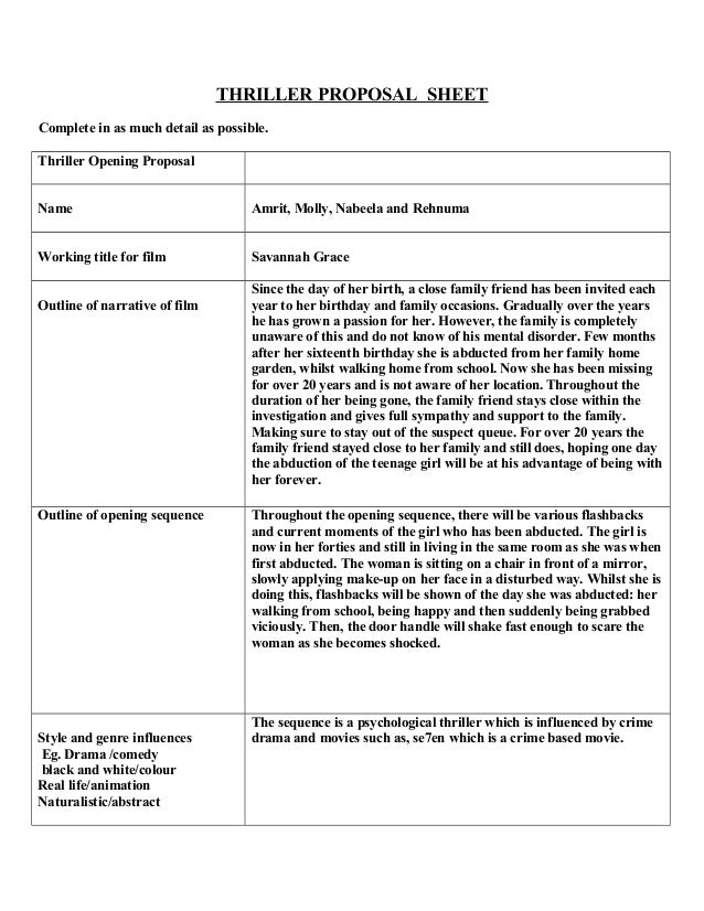 thriller proposal sheet proposal sheet
