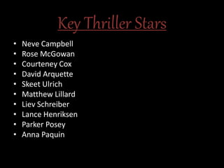 Key Thriller Stars
• Neve Campbell
• Rose McGowan
• Courteney Cox
• David Arquette
• Skeet Ulrich
• Matthew Lillard
• Liev Schreiber
• Lance Henriksen
• Parker Posey
• Anna Paquin
 