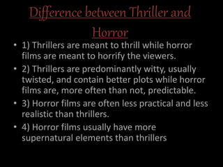 Difference between Thriller and
Horror
• 1) Thrillers are meant to thrill while horror
films are meant to horrify the viewers.
• 2) Thrillers are predominantly witty, usually
twisted, and contain better plots while horror
films are, more often than not, predictable.
• 3) Horror films are often less practical and less
realistic than thrillers.
• 4) Horror films usually have more
supernatural elements than thrillers
 
