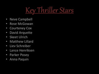 Key Thriller Stars
• Neve Campbell
• Rose McGowan
• Courteney Cox
• David Arquette
• Skeet Ulrich
• Matthew Lillard
• Liev Schreiber
• Lance Henriksen
• Parker Posey
• Anna Paquin
 