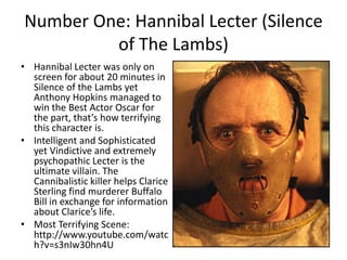 Number One: Hannibal Lecter (Silence
of The Lambs)
• Hannibal Lecter was only on
screen for about 20 minutes in
Silence of the Lambs yet
Anthony Hopkins managed to
win the Best Actor Oscar for
the part, that’s how terrifying
this character is.
• Intelligent and Sophisticated
yet Vindictive and extremely
psychopathic Lecter is the
ultimate villain. The
Cannibalistic killer helps Clarice
Sterling find murderer Buffalo
Bill in exchange for information
about Clarice’s life.
• Most Terrifying Scene:
http://www.youtube.com/watc
h?v=s3nIw30hn4U

 