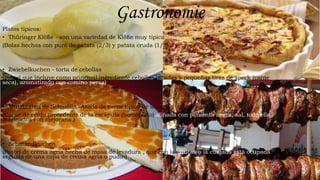 Gastronomie
Platos típicos:
• Thüringer Klöße - son una variedad de Klöße muy típica
(Bolas hechas con puré de patata (2/3) y patata cruda (1/3)
• Zwiebelkuchen - torta de cebollas
(Pastel que incluye como principal ingrediente cebollas picadas y pequeñas tiras de speck (carne
seca), aromatizado con comino persa)
• Mutzbraten de Schmölln -Asado de carne típico de la región
(Carne de cerdo procedente de la escápula (homoplato) aliñada con pimienta negra, sal, todo ello
marinados con mejorana.)
• Schmandkuchen
(Pastel de crema agria hecha de masa de levadura , que con las frutas o la cuajada está ocupada,
seguida de una capa de crema agria o pudín)
 