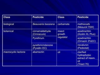 Class Pesticide Class Pesticide
biological Beauveria bassiana carbamate methiocarb
(Mesurol 75W)
botanical cinnamaldehyde
(Cinnacure)
insect
growth
regulator
azadirachtin
(Azatin XL Plus)
Pyrethrum azadirachtin
(Ornazin 3%EC)
pyrethrin/rotenone
(Pyrellin EC)
novaluron
(Pedestal)
macrocyclic lactone abamectin oil clarified
hydrophobic
extract of neem
oil
(Triact 70)
 