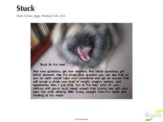 Shift             Exploration
John Hagel, Edge Perspectives - San Francisco, CA, USA

The Big Shift suggests we are moving   Relationships and Dynamics
The Big Shift can be deeply challenging.

away from a world where stocks of knowledge and short-lived        We can each look at the same scene and focus our attention on
transactions are the key to success. In its place, we find a
world where participation in many, diverse flows of knowledge      something completely different. Individual idiosyncrasies definitely play
and long-term, trust-based relationships determine success.        a role, but broader patterns of perception are at work as well.




     The Big Shift
                                                                   virtuous cycle                             Stories emerge as an increasingly
                                                                                                              central form of communication in
                                                                                                              times of rapid change because they
                                                                   Big Shift will also transform how we       so richly reflect the needs of the
Progression Performance Connecting                                 communicate with each other. We are        time. In particular, they help us to
                                                                   moving from a world of deep analysis
 Not predictable Risk Taking Authenticity                          communicating explicit knowledge to
                                                                                                              shift our perception from static
                                                                   a world of rich, personal narratives       objects to dynamic relationships.

Pursuing Passion if passion and
I am focused on the passion of explorers. These are
                                                                   communicating tacit knowledge.
                                                                                                                    In a constantly changing
people who see a domain, but not the path. The fact
that the paths are not clearly defined is what excites
                                                            profession can
                                                            be integrated,
                                                                                Shifting                             world of shift and flows,
                                                                                                                      finding (or founding) a
                                                                                                                  passion-based community
them and motivates them to move into the domain. It
also makes them alert to a variety of inputs that can
help them to better understand the domain and discover
                                                            stress turns
                                                            into stimulus.
                                                                                Identities                          may be one of the most
                                                                                                                         significant factors to
                                                                                                                staying oriented, rooted, and
more promising paths through the unexplored terrain.
                                                             ...passion provides a pull-based foundation                      poised to grow.
                                                                for community building that liberates...
  passion holds the
 key to creating and
                                               Network Creator
                              By cultivating a view of creativity as sacred, we reinforce a
shaping relationships          sense of wonder, curiosity and, most of all, humility that     the central role of agency in e m e r ge n c e
   that will help us                  will help us to become even more creative.
  thrive in a rapidly
   changing world.           The Sacred/Creative
 