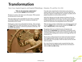 Success
Kevin Doyle Jones, Good Capital, San Francisco, CA, USA
Success is something I enjoy. It does not scare me when I see it
coming. I welcome it and have fun with it. I think that is the biggest
thing I see as a key factor of success. It is a ﬂow of momentum and
energy and resources coming your way that you have to have fun
with, let it wash over you and not get attached to it as it goes up and
down. Be a happy swimmer in multiple currents, that’s the thing that
has helped me succeed a lot of the time. Some people actually take
momentum, when it starts to hit, as a problem. Momentum is part of
the solution, and it has to be welcomed in incremental stages, with
it’s progress announced as if it were a royal procession coming
through town.
 
Success these days also means thinking about your impact. In my
earlier days in business I only worried about three things: more
money coming in faster at higher margin. Sometimes I did not want a
ﬁnancially sustainable business, but rather to ride the market's
momentum to a timely sale. That was the only other variable I
applied when I measured success. Now I think about environmental
and social impact ﬁrst, actually, and use business to get toward those
goals. I am also learning to live more easily with philanthropy and
realize that giving can be regarded as an input: a reliable resource
that can play a part in the success of a social venture.
 
Creating venues for people to give and invest alongside each
other...The planet is in the sort of pickle that it requires assembling
all the resources at hand in order to create a thrivable future. So
success to me is a broad set of partnerships, from discovery phase
to cooperation and then coordination that puts our collective best
effort toward the goal of a fecund future that is more than
sustainable, more than just a viable baseline, to a future in which we
all thrive.
 