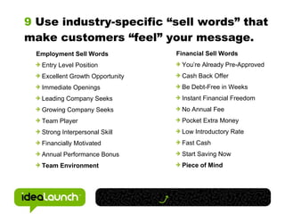 9  Use industry-specific “sell words” that make customers “feel” your message. Employment Sell Words Entry Level Position Excellent Growth Opportunity Immediate Openings Leading Company Seeks Growing Company Seeks Team Player Strong Interpersonal Skill Financially Motivated Annual Performance Bonus Team Environment Financial Sell Words You’re Already Pre-Approved Cash Back Offer Be Debt-Free in Weeks Instant Financial Freedom No Annual Fee Pocket Extra Money Low Introductory Rate Fast Cash Start Saving Now Piece of Mind 