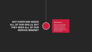 Client is on a growth plan
that will involve multiple
locations, allowing us to
become the outsourced
accounting department and
their go-to-person
2016 and on…NOT EVERYONE NEEDS
ALL OF OUR SKILLS, BUT
THEY NEED ALL OF OUR
SERVICE MINDSET
 
