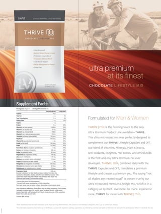 ultra premium
at its finest
Formulated for Men & Women
THRIVE | mix is the finishing touch to the only
Ultra Premium Product Line available–THRIVE.
This ultra micronized mix was perfectly designed to
complement our THRIVE Lifestyle Capsules and DFT.
Our blend of Vitamins, Minerals, Plant Extracts,
Anti-oxidants, Enzymes, Pro-Biotics, and Amino Acids
is the first and only Ultra Premium Mix ever
developed. THRIVE | mix, combined daily with the
THRIVE Capsules and DFT, completes a premium
lifestyle and creates a premium you. The saying “not
all shakes are created equal" is proven true by our
ultra micronized Premium Lifestyle Mix, which is in a
category all by itself. Live more, be more, experience
more, THRIVE for more with THRIVE | mix.
CHOCOLATE LIFESTYLE MIX
20160309
These statements have not been evaluated by the Food and Drug Administration. This product is not intended to diagnose, treat, cure, or prevent any disease.
The trademarks appearing here belong to Le-Vel Brands, LLC and are registered, pending registration, or protected by common law rights or otherwise are used with the permission of others or constitute fair use.
Supplement Facts:
Serving Size: 35 grams Servings Per Container: 16
Amount Per Serving % Daily Value**_______________________________________________________________________________________________________
Calories 123_______________________________________________________________________________________________________
Total Fat 2 g 3%_______________________________________________________________________________________________________
Total Carbohydrate 11 g 4%_______________________________________________________________________________________________________
Dietary Fiber 3 g 12%_______________________________________________________________________________________________________
Sugars 1 g *_______________________________________________________________________________________________________
Protein 15 g 30%_______________________________________________________________________________________________________
Vitamin A (as beta carotene) 2,500 IU 50%_______________________________________________________________________________________________________
Vitamin C (as ascorbic acid) 24 mg 40%_______________________________________________________________________________________________________
Vitamin D (as cholecalciferol) 200 IU 50%_______________________________________________________________________________________________________
Vitamin E (as d-alpha tocopheryl acetate) 10.5 IU 35%_______________________________________________________________________________________________________
Thiamine (as thiamin hydrochloride) 750 mcg 50%_______________________________________________________________________________________________________
Riboflavin 850 mcg 50%_______________________________________________________________________________________________________
Vitamin B6 (as pyridoxine hydrochloride) 1 mg 50%_______________________________________________________________________________________________________
Folate (as folic acid) 200 mcg 50%_______________________________________________________________________________________________________
Biotin 135 mcg 45%_______________________________________________________________________________________________________
Pantothenic Acid (as d-calcium pantothenate) 4 mg 40%_______________________________________________________________________________________________________
Calcium (as tricalcium phosphate) 400 mg 40%_______________________________________________________________________________________________________
Iodine (as potassium iodide) 60 mcg 40%_______________________________________________________________________________________________________
Magnesium (as magnesium citrate) 100 mg 25%_______________________________________________________________________________________________________
Zinc (as zinc methionine) 6.75 mg 45%_______________________________________________________________________________________________________
Selenium (as selenium amino acid chelate) 14 mcg 20%_______________________________________________________________________________________________________
Copper (as copper amino acid chelate) 1 mg 50%_______________________________________________________________________________________________________
Manganese (as manganese rice chelate) 600 mcg 30%_______________________________________________________________________________________________________
Chromium (as chromium amino acid chelate) 60 mcg 50%_______________________________________________________________________________________________________
Molybdenum (as molybdenum rice chelate) 38 mcg 50%______________________________________________________________________________________
Proprietary Blend: 1595 mg *
[Garcinia fruit extract,Oat fiber,Rice Bran,Natural Caffeine from BlackTea,
LactobacillusAcidophilus,Amylase 5000,Bromelain 600GDU,Cellulase 1000,
Lipase1000,Papain 6000 USP,Protease 5000,Protease 1000,Ginger root,
Cardomom seed extract,Cinnamon bark extract]
* Percent Daily Values are not established.
**Percent Daily Values are based on a 2,000 calorie diet.
Your daily values may be higher or lower depending on your calorie needs.
_______________________________________________________________________________________________________
Other Ingredients:Maltodextrin,Protein Blend (Soy,Pea,Whey concentrate),Cocoa Powder,
Sunflower oil,Xanthan gum,Soy Lecithin,Stevia,Sucralose,Glycerin,Coffee extract,
Licorice GlycyrrhizicAcid Root extract,Corn Starch,Cocoa extractives,Coffee extractives,
Natural flavors,Salt,Caramel Color.
Contains: Milk and soy
 