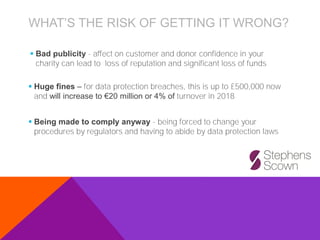 WHAT’S THE RISK OF GETTING IT WRONG?
▪ Huge fines – for data protection breaches, this is up to £500,000 now
and will increase to €20 million or 4% of turnover in 2018
▪ Being made to comply anyway - being forced to change your
procedures by regulators and having to abide by data protection laws
▪ Bad publicity - affect on customer and donor confidence in your
charity can lead to loss of reputation and significant loss of funds
 