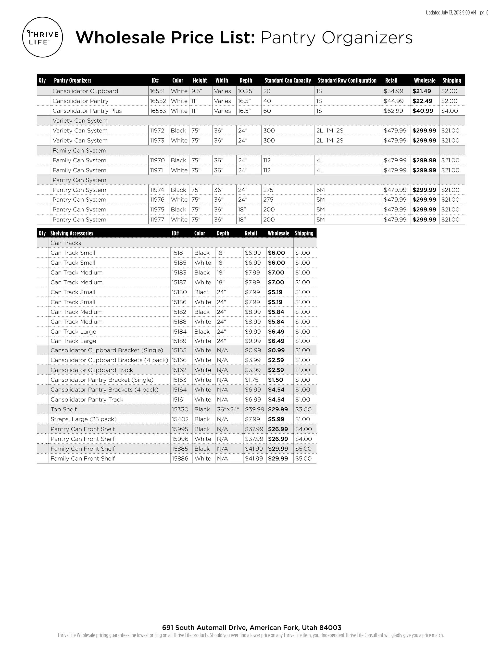 Updated July 13, 2018 9:00 AM pg. 6
Thrive Life Wholesale pricing guarantees the lowest pricing on all Thrive Life products. Should you ever find a lower price on any Thrive Life item, your Independent Thrive Life Consultant will gladly give you a price match.
691 South Automall Drive, American Fork, Utah 84003
Wholesale Price List: Pantry Organizers
Qty Pantry Organizers ID# Color Height Width Depth Standard Can Capacity Standard Row Configuration Retail Wholesale Shipping
Cansolidator Cupboard 16551 White 9.5” Varies 10.25” 20 1S $34.99 $21.49 $2.00
Cansolidator Pantry 16552 White 11” Varies 16.5” 40 1S $44.99 $22.49 $2.00
Cansolidator Pantry Plus 16553 White 11” Varies 16.5” 60 1S $62.99 $40.99 $4.00
Variety Can System
Variety Can System 11972 Black 75” 36” 24” 300 2L, 1M, 2S $479.99 $299.99 $21.00
Variety Can System 11973 White 75” 36” 24” 300 2L, 1M, 2S $479.99 $299.99 $21.00
Family Can System
Family Can System 11970 Black 75” 36” 24” 112 4L $479.99 $299.99 $21.00
Family Can System 11971 White 75” 36” 24” 112 4L $479.99 $299.99 $21.00
Pantry Can System
Pantry Can System 11974 Black 75” 36” 24” 275 5M $479.99 $299.99 $21.00
Pantry Can System 11976 White 75” 36” 24” 275 5M $479.99 $299.99 $21.00
Pantry Can System 11975 Black 75” 36” 18” 200 5M $479.99 $299.99 $21.00
Pantry Can System 11977 White 75” 36” 18” 200 5M $479.99 $299.99 $21.00
Qty Shelving Accessories ID# Color Depth Retail Wholesale Shipping
Can Tracks
Can Track Small 15181 Black 18" $6.99 $6.00 $1.00
Can Track Small 15185 White 18" $6.99 $6.00 $1.00
Can Track Medium 15183 Black 18" $7.99 $7.00 $1.00
Can Track Medium 15187 White 18" $7.99 $7.00 $1.00
Can Track Small 15180 Black 24” $7.99 $5.19 $1.00
Can Track Small 15186 White 24" $7.99 $5.19 $1.00
Can Track Medium 15182 Black 24” $8.99 $5.84 $1.00
Can Track Medium 15188 White 24" $8.99 $5.84 $1.00
Can Track Large 15184 Black 24” $9.99 $6.49 $1.00
Can Track Large 15189 White 24" $9.99 $6.49 $1.00
Cansolidator Cupboard Bracket (Single) 15165 White N/A $0.99 $0.99 $1.00
Cansolidator Cupboard Brackets (4 pack) 15166 White N/A $3.99 $2.59 $1.00
Cansolidator Cupboard Track 15162 White N/A $3.99 $2.59 $1.00
Cansolidator Pantry Bracket (Single) 15163 White N/A $1.75 $1.50 $1.00
Cansolidator Pantry Brackets (4 pack) 15164 White N/A $6.99 $4.54 $1.00
Cansolidator Pantry Track 15161 White N/A $6.99 $4.54 $1.00
Top Shelf 15330 Black 36"×24" $39.99 $29.99 $3.00
Straps, Large (25 pack) 15402 Black N/A $7.99 $5.99 $1.00
Pantry Can Front Shelf 15995 Black N/A $37.99 $26.99 $4.00
Pantry Can Front Shelf 15996 White N/A $37.99 $26.99 $4.00
Family Can Front Shelf 15885 Black N/A $41.99 $29.99 $5.00
Family Can Front Shelf 15886 White N/A $41.99 $29.99 $5.00
 