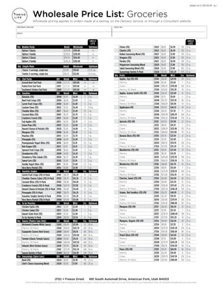 Updated July 13, 2018 9:00 AM pg. 1
Thrive Life Wholesale pricing guarantees the lowest pricing on all Thrive Life products. Should you ever find a lower price on any Thrive Life item, your Independent Thrive Life Consultant will gladly give you a price match.
(FD) = Freeze Dried 691 South Automall Drive, American Fork, Utah 84003
Wholesale Price List: Groceries
Wholesale pricing applies to orders made at a tasting, on the Delivery Service, or through a Consultant website.
SHELF
LIFE
INDEPENDENT CONSULTANT:
WEBSITE:
CONTACT INFO:
SHELF
LIFE
Qty Newbie Packs Retail Wholesale Optimum
Option 1 Classic $233.49 $199.00 —
Option 1 Family $278.19 $238.00 —
Option 2 Classic $191.56 $164.00 —
Option 2 Family $236.26 $203.00 —
Qty Simple Plate Retail Wholesale Optimum
Classic: 3 servings, single box $21.89 $19.00 6-12 mo.
Family: 6 servings, single box $36.79 $32.00 6-12 mo.
Qty Chef Packs ID# Retail Whsl Srv. Optimum
Ground Beef Chef Pack 25810 $125.89 $107.00 — —
Pulled Pork Chef Pack 25811 $125.89 $107.00 — —
Southwest Chicken Chef Pack 25809 $125.89 $107.00 — —
Qty Snackies ID# Retail Whsl Srv. Optimum
Bananas (FD) 28100 $5.19 $4.49 3 2 yr.
Beet Fruit Crisps (FD) 28104 $6.99 $5.99 3 1 yr.
Carrot Fruit Crisps (FD) 28103 $6.89 $5.89 3 1 yr.
Cashew Chew (FD) 28122 $7.59 $6.49 3 9 mo.
Cheddar Bites (FD) 28117 $6.49 $5.49 3.5 1 yr.
Coconut Bites (FD) 28101 $6.79 $5.79 2.5 1 yr.
Cranberry Crunch (FD) 28121 $6.89 $5.89 3 1 yr.
Fuji Apples (FD) 28112 $4.39 $3.79 3 2 yr.
Green Peas (FD) 28107 $3.29 $2.89 3 2 yr.
Havarti Cheese & Pretzels (FD) 28120 $5.69 $4.89 4 1 yr.
Mangoes (FD) 28106 $6.49 $5.49 3 1 yr.
Peaches (FD) 28114 $4.39 $3.79 3 1 yr.
Pineapple (FD) 28108 $6.89 $5.89 3 2 yr.
Pomegranate Yogurt Bites (FD) 28110 $6.09 $5.19 2.5 1 yr.
Red Grapes (FD) 28113 $7.19 $6.19 3 2 yr.
Spinach Fruit Crisps (FD) 28105 $6.69 $5.69 3 1 yr.
Strawberries (FD) 28109 $4.99 $4.29 3 2 yr.
Strawberry Piña Colada (FD) 28124 $6.79 $6.39 3 1 yr.
Sweet Corn (FD) 28102 $3.69 $3.19 3 2 yr.
Vanilla Yogurt Bites (FD) 28111 $5.99 $5.09 2.5 1 yr.
Very Berry Parfait (FD) 28116 $5.89 $4.99 3 1 yr.
Qty Snackies Singles ID# Retail Whsl Srv. Optimum
Carrot Fruit Crisps (FD) 8-Pack 29101 $18.79 $16.29 8 1 yr.
Cheddar Cheese Cubes (FD) 8-Pack 29103 $18.79 $16.29 8 1 yr.
Coconut Bites (FD) 8-Pack 29102 $16.89 $14.69 8 1 yr.
Cranberry Crunch (FD) 8-Pack 29106 $20.59 $17.89 8 1 yr.
Havarti Cheese & Pretzels (FD) 8-Pack 29105 $16.89 $14.69 8 1 yr.
Pineapple (FD) 8-Pack 29107 $18.79 $16.29 8 2 yr.
Snackies Singles Variety 8-Pack 29104 $17.59 $15.29 8 1 yr.
Very Berry Parfait (FD) 8-Pack 29100 $15.99 $13.89 8 1 yr.
Qty To Go Pouches ID# Retail Whsl Srv. Optimum
Chicken Fajita (FD) 23872 $3.09 $2.69 1 1 yr.
Chicken Salad (FD) 23871 $3.49 $2.99 1 1 yr.
Island-Style Pork (FD) 23873 $3.39 $2.89 1 1 yr.
To Go Variety 6-Pack 23874 $19.99 $17.14 6 1 yr.
Qty Sauces (Pantry Cans Only) ID# Retail Whsl Srv. Optimum
Béchamel (Creamy White Sauce) 22602 $16.09 $13.99 32 10 yr.
Pantry 10-Pack 27602 $156.19 $135.79 320 10 yr.
Espagnole (Savory Beef Gravy) 22603 $18.69 $16.19 80 10 yr.
Pantry 10-Pack 27603 $180.69 $157.09 800 10 yr.
Tomato (Classic Tomato Sauce) 22604 $17.49 $15.19 64 10 yr.
Pantry 10-Pack 27604 $169.49 $147.39 640 10 yr.
Velouté (Rich Chicken Gravy) 22601 $17.99 $15.59 64 10 yr.
Pantry 10-Pack 27601 $173.99 $151.29 640 10 yr.
Sauces Variety 4-Pack 25600 $63.29 $54.99 240 10 yr.
Qty Seasonings (Spice Cans) ID# Retail Whsl Srv. Optimum
Basil (FD) 23624 $8.09 $6.99 130 25 yr.
Chef's Choice Seasoning Blend 23628 $9.09 $7.89 160 25 yr.
Chives (FD) 23623 $8.09 $6.99 130 25 yr.
Cilantro (FD) 23622 $8.09 $6.99 130 25 yr.
Italian Seasoning Blend (FD) 23627 $9.09 $7.89 110 25 yr.
Oregano (FD) 23625 $9.09 $7.89 130 25 yr.
Parsley (FD) 23621 $8.09 $6.99 130 25 yr.
Peppercorn Seasoning Blend 23629 $9.09 $7.89 150 25 yr.
Salad Seasoning Blend (FD) 23626 $9.09 $7.89 105 25 yr.
Seasonings Variety 9-Pack 25620 $75.09 $65.29 1175 25 yr.
Qty Fruits ID# Retail Whsl Srv. Optimum
Apples, Fuji (FD) #10 21349 $34.49 $29.99 20 25 yr.
Pantry 22349 $13.49 $11.69 7 25 yr.
Case 26349 $196.59 $170.89 120 25 yr.
Pantry 10-Pack 27349 $130.39 $113.39 70 25 yr.
Apples, Granny Smith (FD) #10 21348 $26.59 $23.09 16 25 yr.
Pantry 22348 $11.19 $9.69 5 25 yr.
Case 26348 $151.39 $131.59 96 25 yr.
Pantry 10-Pack 27348 $108.09 $93.99 50 25 yr.
Applesauce #10 21346 $53.59 $46.53 44 25 yr.
Pantry 22346 $20.29 $17.59 15 25 yr.
Case 26346 $304.99 $265.19 264 25 yr.
Pantry 10-Pack 27346 $196.29 $170.69 150 25 yr.
Apricots (FD) #10 21332 $43.59 $37.89 22 25 yr.
Pantry 22332 $18.69 $16.19 7 25 yr.
Case 26332 $248.29 $215.89 132 25 yr.
Pantry 10-Pack 27332 $180.69 $157.09 70 25 yr.
Banana Slices (FD) #10 21334 $31.79 $27.59 21 25 yr.
Pantry 22334 $13.99 $12.09 7 25 yr.
Case 26334 $180.79 $157.19 126 25 yr.
Pantry 10-Pack 27334 $127.99 $111.29 70 25 yr.
Blackberries (FD) #10 21335 $43.19 $37.49 23 25 yr.
Pantry 22335 $16.59 $14.39 7 25 yr.
Case 26335 $245.69 $213.59 138 25 yr.
Pantry 10-Pack 27335 $160.59 $139.59 70 25 yr.
Blueberries (FD) #10 21336 $48.09 $41.79 24 25 yr.
Pantry 22336 $18.09 $15.69 7 25 yr.
Case 26336 $273.99 $238.19 144 25 yr.
Pantry 10-Pack 27336 $175.09 $152.19 70 25 yr.
Cherries, Sweet (FD) #10 21350 $62.89 $54.69 46 25 yr.
Pantry 22350 $29.49 $25.59 15 25 yr.
Case 26350 $358.49 $311.69 276 25 yr.
Pantry 10-Pack 27350 $285.59 $248.29 150 25 yr.
Grapes, Red Seedless (FD) #10 21345 $56.39 $48.99 21 25 yr.
Pantry 22345 $22.29 $19.39 6 25 yr.
Case 26345 $321.09 $279.19 126 25 yr.
Pantry 10-Pack 27345 $216.39 $188.09 60 25 yr.
Mangoes (FD) #10 21337 $42.09 $36.59 23 25 yr.
Pantry 22337 $17.99 $15.59 7 25 yr.
Case 26337 $239.79 $208.49 138 25 yr.
Pantry 10-Pack 27337 $173.99 $151.29 70 25 yr.
Mangoes, Organic (FD) #10 21354 $49.09 $42.69 20 25 yr.
Pantry 22354 $19.99 $17.39 8 25 yr.
Case 26354 $279.79 $243.29 120 25 yr.
Pantry 10-Pack 27354 $193.99 $168.69 80 25 yr.
Peach Slices (FD) #10 21340 $49.09 $42.69 20 25 yr.
Pantry 22340 $17.19 $14.89 6 25 yr.
Case 26340 $279.79 $243.29 120 25 yr.
Pantry 10-Pack 27340 $166.19 $144.49 60 25 yr.
Pears (FD) #10 21339 $70.19 $60.99 46 25 yr.
Pantry 22339 $22.49 $19.49 15 25 yr.
Case 26339 $399.79 $347.59 276 25 yr.
Pantry 10-Pack 27339 $217.49 $189.09 150 25 yr.
 
