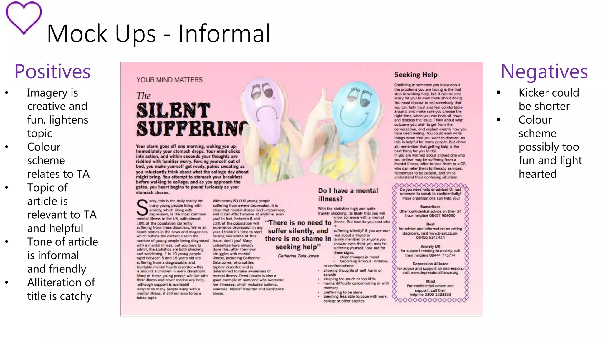 Mock Ups - Informal 
Positives 
• Imagery is 
creative and 
fun, lightens 
topic 
• Colour 
scheme 
relates to TA 
• Topic of 
article is 
relevant to TA 
and helpful 
• Tone of article 
is informal 
and friendly 
• Alliteration of 
title is catchy 
Negatives 
 Kicker could 
be shorter 
 Colour 
scheme 
possibly too 
fun and light 
hearted 
 