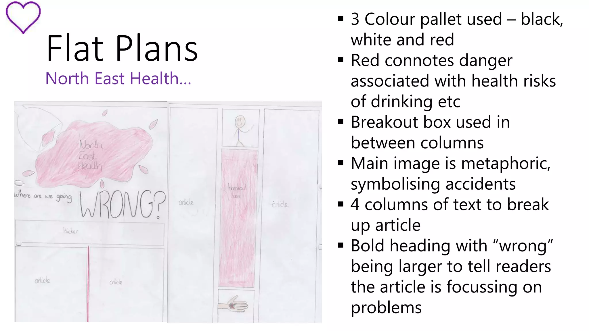 Flat Plans 
North East Health… 
 3 Colour pallet used – black, 
white and red 
 Red connotes danger 
associated with health risks 
of drinking etc 
 Breakout box used in 
between columns 
 Main image is metaphoric, 
symbolising accidents 
 4 columns of text to break 
up article 
 Bold heading with “wrong” 
being larger to tell readers 
the article is focussing on 
problems 
 