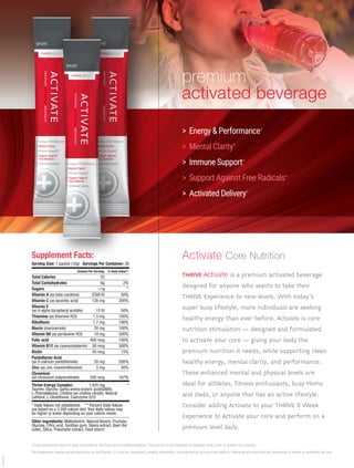 > Energy & Performance+
> Mental Clarity+
> Immune Support+
> Support Against Free Radicals+
> Activated Delivery+
premium
activated beverage
Activate Core Nutrition
THRIVE Activate is a premium activated beverage
designed for anyone who wants to take their
THRIVE Experience to new levels. With today's
super busy lifestyle, more individuals are seeking
healthy energy than ever before. Activate is core
nutrition stimulation – designed and formulated
to activate your core – giving your body the
premium nutrition it needs, while supporting clean
healthy energy, mental clarity, and performance.
These enhanced mental and physical levels are
ideal for athletes, fitness enthusiasts, busy Moms
and Dads, or anyone that has an active lifestyle.
Consider adding Activate to your THRIVE 8 Week
Experience to Activate your core and perform on a
premium level daily.
20160223
Supplement Facts:
Serving Size: 1 packet (10g) Servings Per Container: 30
Amount Per Serving: % Daily Value**____________________________________________
Total Calories 22____________________________________________
Total Carbohydrates 6g 2%____________________________________________
Sugars <1g *____________________________________________
Vitamin A (as beta carotene) 2500 IU 50%____________________________________________
Vitamin C (as ascorbic acid) 120 mg 200%____________________________________________
Vitamin E
(as d-alpha tocopheryl acetate) 15 IU 50%____________________________________________
Thiamine (as thiamine HCI) 1.5 mg 100%____________________________________________
Riboflavin 1.7 mg 100%____________________________________________
Niacin (niacinamide) 20 mg 100%____________________________________________
Vitamin B6 (as pyridoxine HCI) 10 mg 500%____________________________________________
Folic acid 400 mcg 100%____________________________________________
Vitamin B12 (as cyanocobalamin) 30 mcg 500%____________________________________________
Biotin 45 mcg 15%____________________________________________
Pantothenic Acid
(as d-calcium pantothenate) 20 mg 200%____________________________________________
Zinc (as zinc monomethionine) 5 mg 30%____________________________________________
Chromium
(as chromium polynicotinate) 200 mcg 167%____________________________________________
Thrive Energy Complex: 1,025 mg *
Taurine, Glycine, Gama amino butaric acid(GABA),
L-Phenylalanine, Choline (as choline citrate), Natural
caffeine, L-Glutothione, Coenzyme Q10
* Daily Values not established ** Percent Daily Values
are based on a 2,000 calorie diet. Your daily values may
be higher or lower depending on your calorie needs.____________________________________________
Other ingredients: Maltodextrin, Natural flavors, Fructose,
Glucose, Citric acid, Xanthan gum, Stevia extract, Beet (for
color), Silica, Thaumatin extract, Food starch.
+These statements have not been evaluated by the Food and Drug Administration. This product is not intended to diagnose, treat, cure, or prevent any disease.
The trademarks appearing here belong to Le-Vel Brands, LLC and are registered, pending registration, or protected by common law rights or otherwise are used with the permission of others or constitute fair use.
 