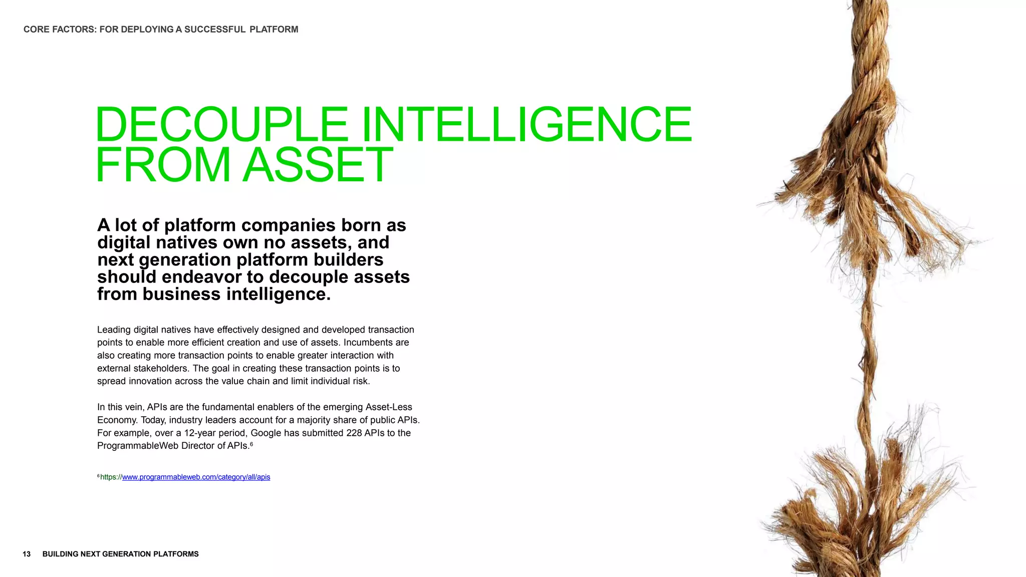 A lot of platform companies born as
digital natives own no assets, and
next generation platform builders
should endeavor to decouple assets
from business intelligence.
Leading digital natives have effectively designed and developed transaction
points to enable more efficient creation and use of assets. Incumbents are
also creating more transaction points to enable greater interaction with
external stakeholders. The goal in creating these transaction points is to
spread innovation across the value chain and limit individual risk.
In this vein, APIs are the fundamental enablers of the emerging Asset-Less
Economy. Today, industry leaders account for a majority share of public APIs.
For example, over a 12-year period, Google has submitted 228 APIs to the
ProgrammableWeb Director of APIs.6
6
https://www.programmableweb.com/category/all/apis
13 BUILDING NEXT GENERATION PLATFORMS
DECOUPLE INTELLIGENCE
FROM ASSET
CORE FACTORS: FOR DEPLOYING A SUCCESSFUL PLATFORM
 