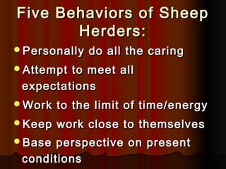 Five Behaviors of SheepFive Behaviors of Sheep
Herders:Herders:
Personally do all the caringPersonally do all the caring
Attempt to meet allAttempt to meet all
expectationsexpectations
Work to the limit of time/energyWork to the limit of time/energy
Keep work close to themselvesKeep work close to themselves
Base perspective on presentBase perspective on present
conditionsconditions
 