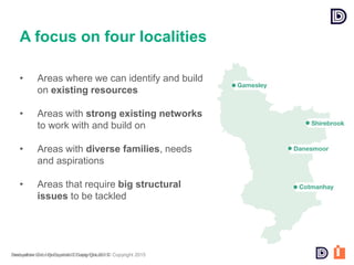 Derbyshire County Council © Copyright 2015Innovation Unit l Derbyshire County Council © Copyright 2015
• Areas where we can identify and build
on existing resources
• Areas with strong existing networks
to work with and build on
• Areas with diverse families, needs
and aspirations
• Areas that require big structural
issues to be tackled
A focus on four localities
 